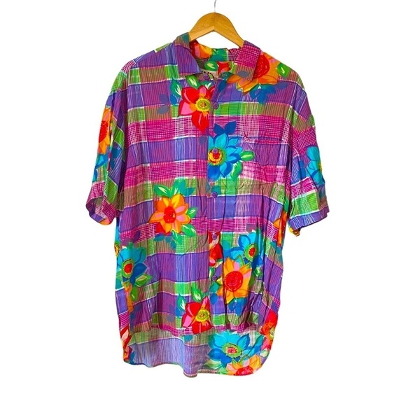 JAMS WORLD Hawaiian Shirt 80s Pop Art Bold Floral Colorful Plaid Print Large - Picture 1 of 11